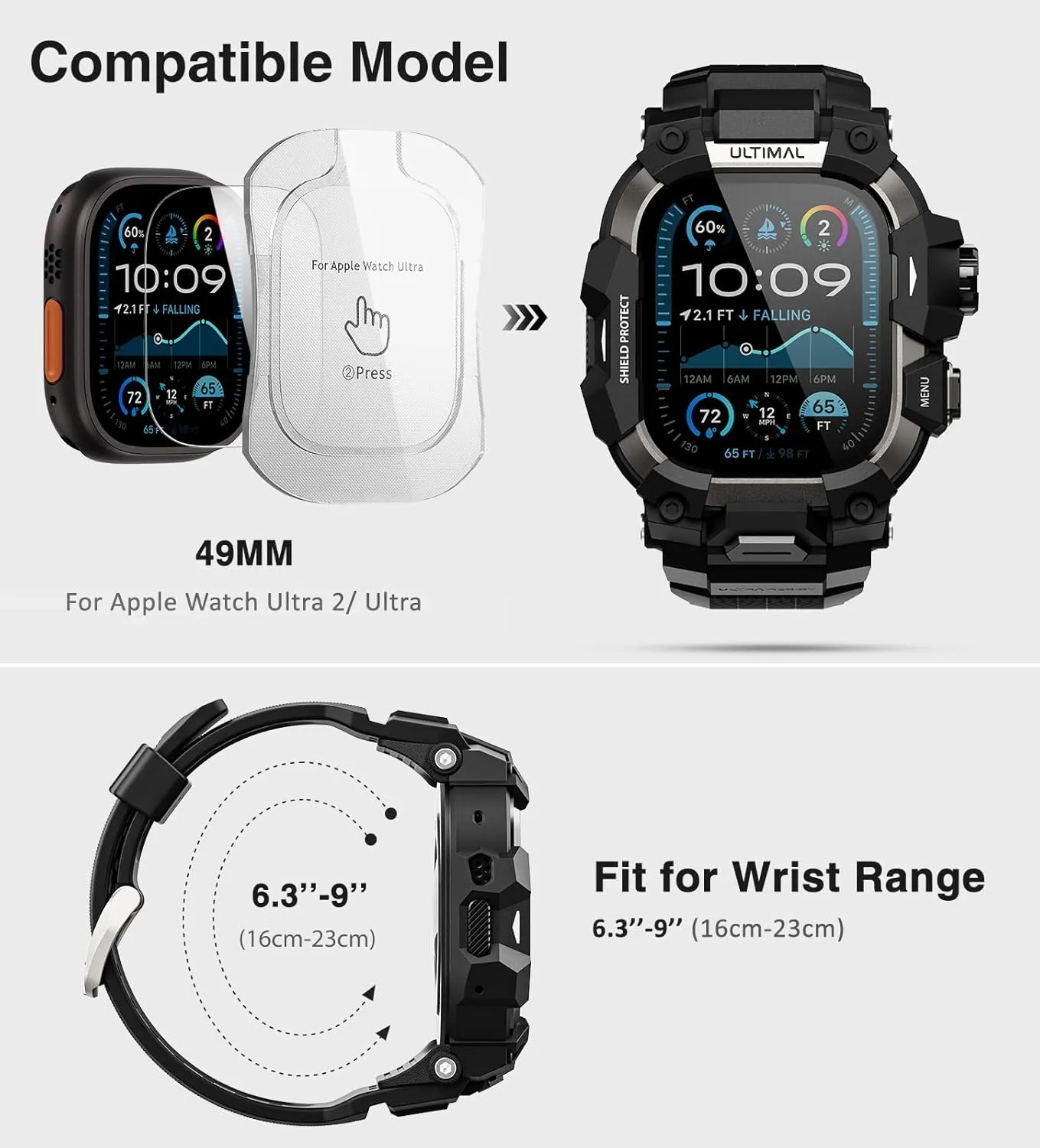 ULTIMAL Rugged Case with Band for Apple Watch 49mm,Compatible with Apple Watch Ultra/Ultra 2, Military Grade Shockproof Bumper Cover for iWatch Tactical Band Men (49mm,Black)