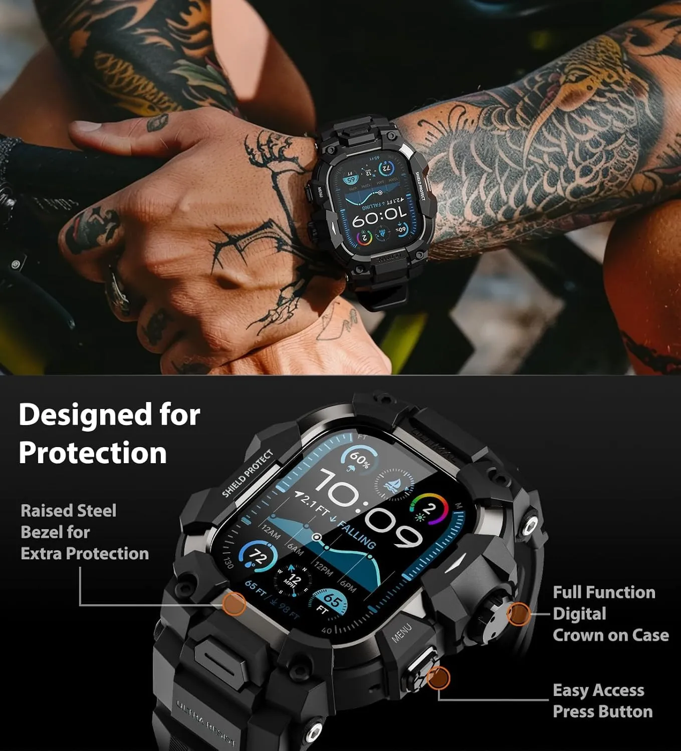 ULTIMAL Rugged Case with Band for Apple Watch 49mm,Compatible with Apple Watch Ultra/Ultra 2, Military Grade Shockproof Bumper Cover for iWatch Tactical Band Men (49mm,Black)