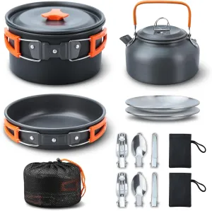 Ultimate Outdoor Cooking Set: Non-Stick Camping Cookware Kit, Stainless Steel Fork and Spoon - Ideal for Backpacking, Hiking, and Picnics