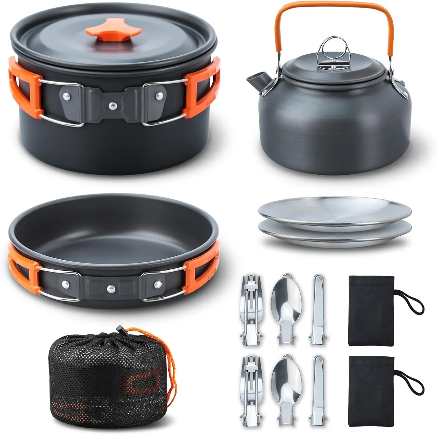 Ultimate Outdoor Cooking Set: Non-Stick Camping Cookware Kit, Stainless Steel Fork and Spoon - Ideal for Backpacking, Hiking, and Picnics