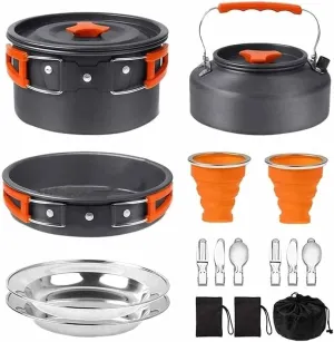 Ultralight Camping Cookware Mess Kit with Kettle - Compact Outdoor Cooking Set for Hiking, Picnic, Fishing, Includes Pots, Pans, Plates, Utensils & Tote Bags