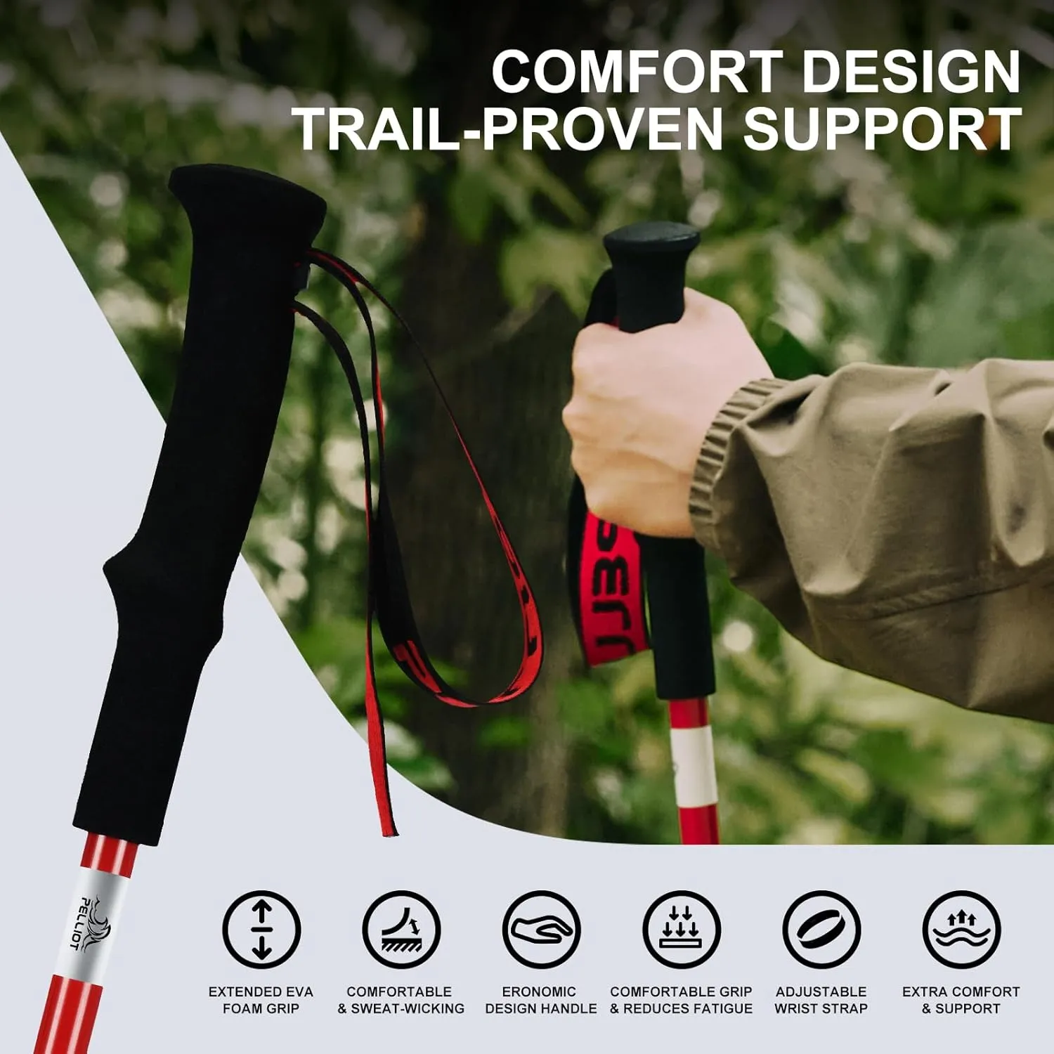 Ultralight Trekking Pole Carbon Fiber & Aluminum Alloy Hiking Pole 3-Section Telescopic Hiking Stick with EVA Foam Grips Adjustable Walking Stick for Hiking