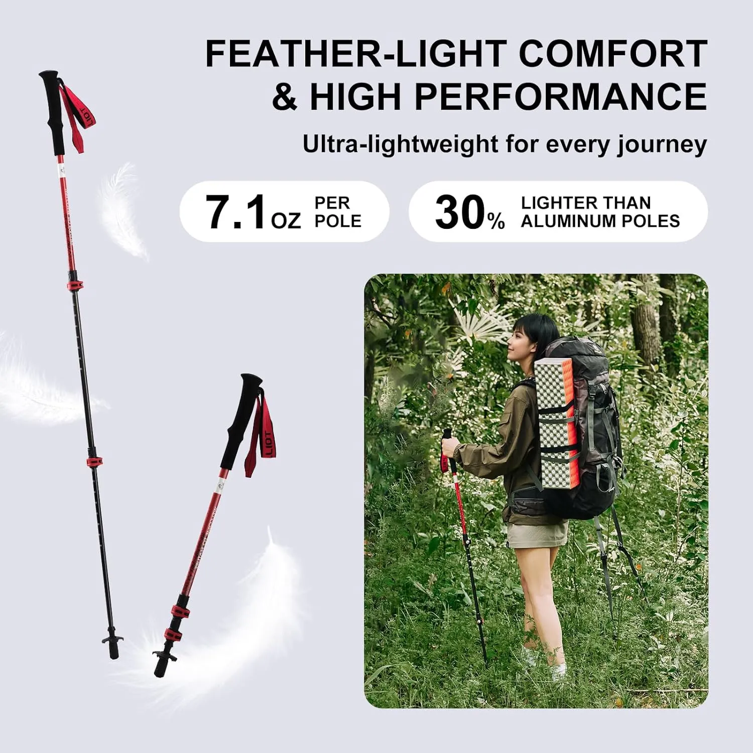 Ultralight Trekking Pole Carbon Fiber & Aluminum Alloy Hiking Pole 3-Section Telescopic Hiking Stick with EVA Foam Grips Adjustable Walking Stick for Hiking