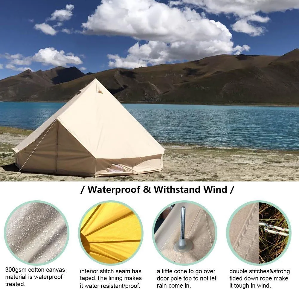 UNISTRENGH 4 Season Large Waterproof Cotton Canvas Bell Tent Beige Glamping Tent with Roof Stove Jack Hole for Camping Hiking Christmas Party