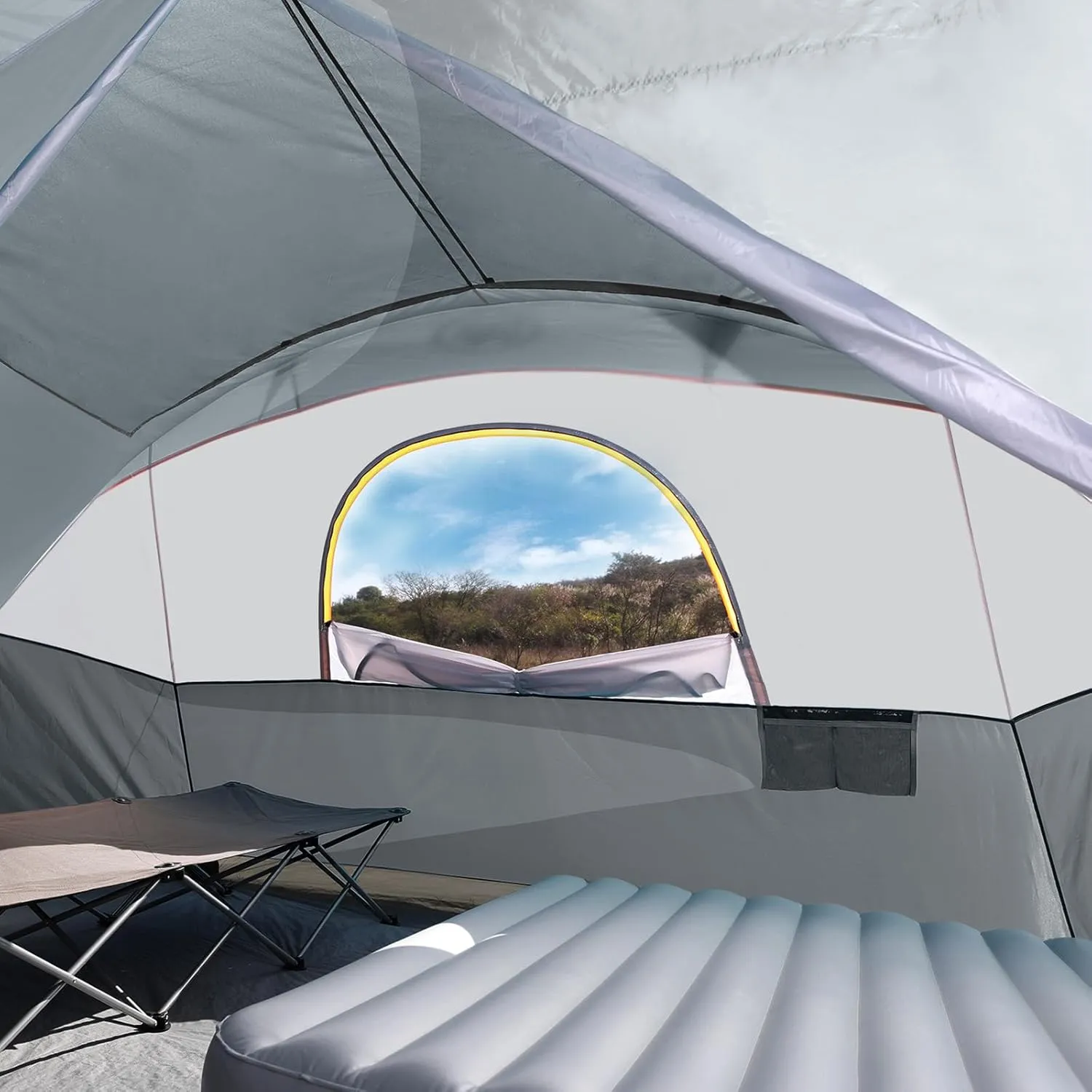 UNP Camping Tent 8/9 Person, Family Camping Tent, 5 Large Ventilation Mesh Windows, 14'x14'x78 inches Tall with Dividers Curtain for 2 Room