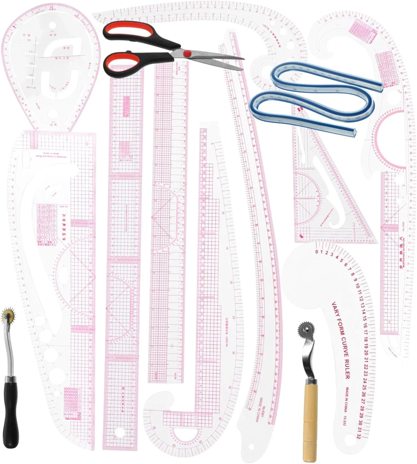 Uonlytech 14Pcs Professional Sewing Ruler Measurement Tools with Accurate Scale for Tailors Designers and Beginners for Patterning and Cutting