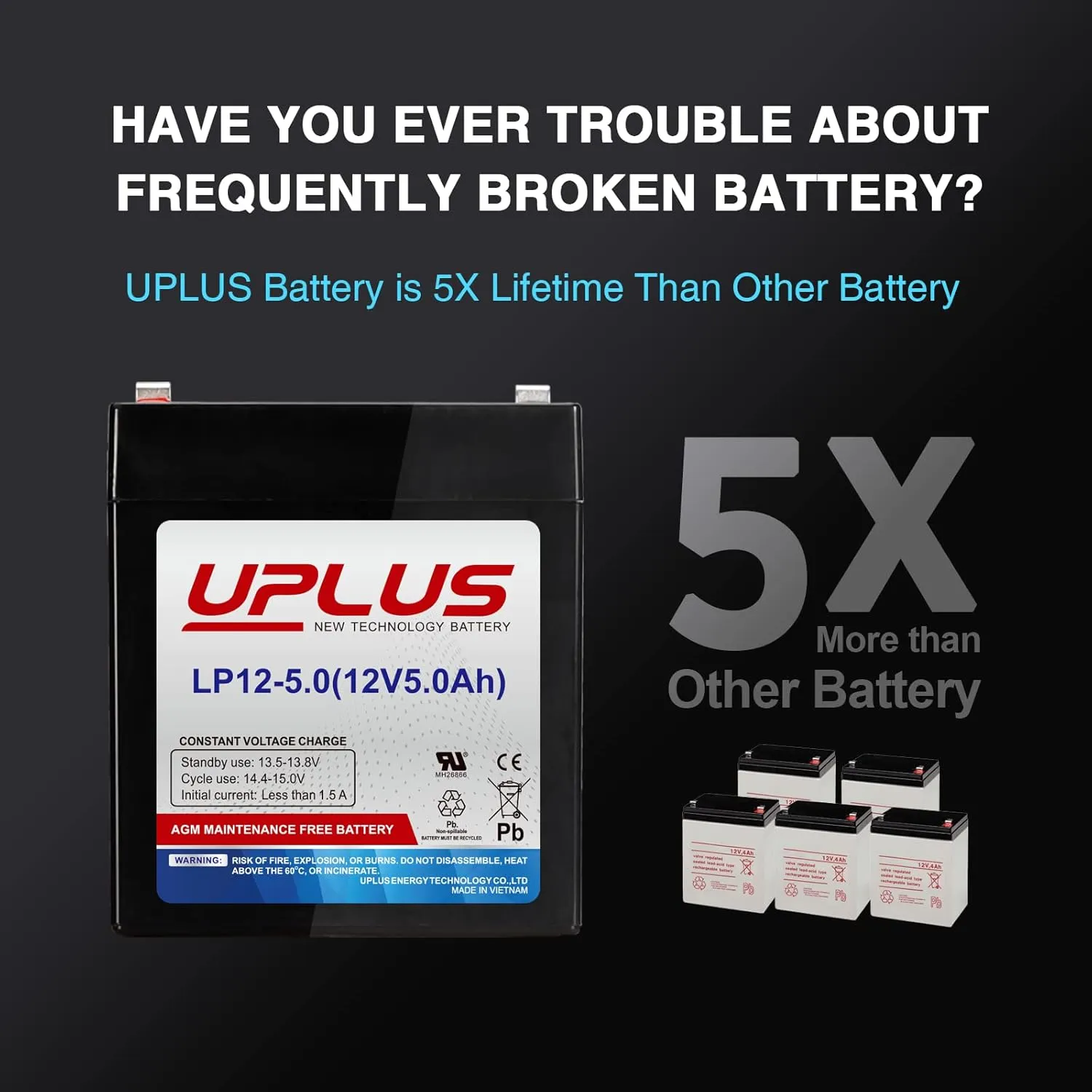 UPLUS LP12-5 12 Volt 5Ah Rechargeable AGM Battery, DJW12-4.5 SLA Battery Replacement Batteries Backup for LiftMaster/Craftsman 4228 Garage Door Opener, Security Alarm System etc.