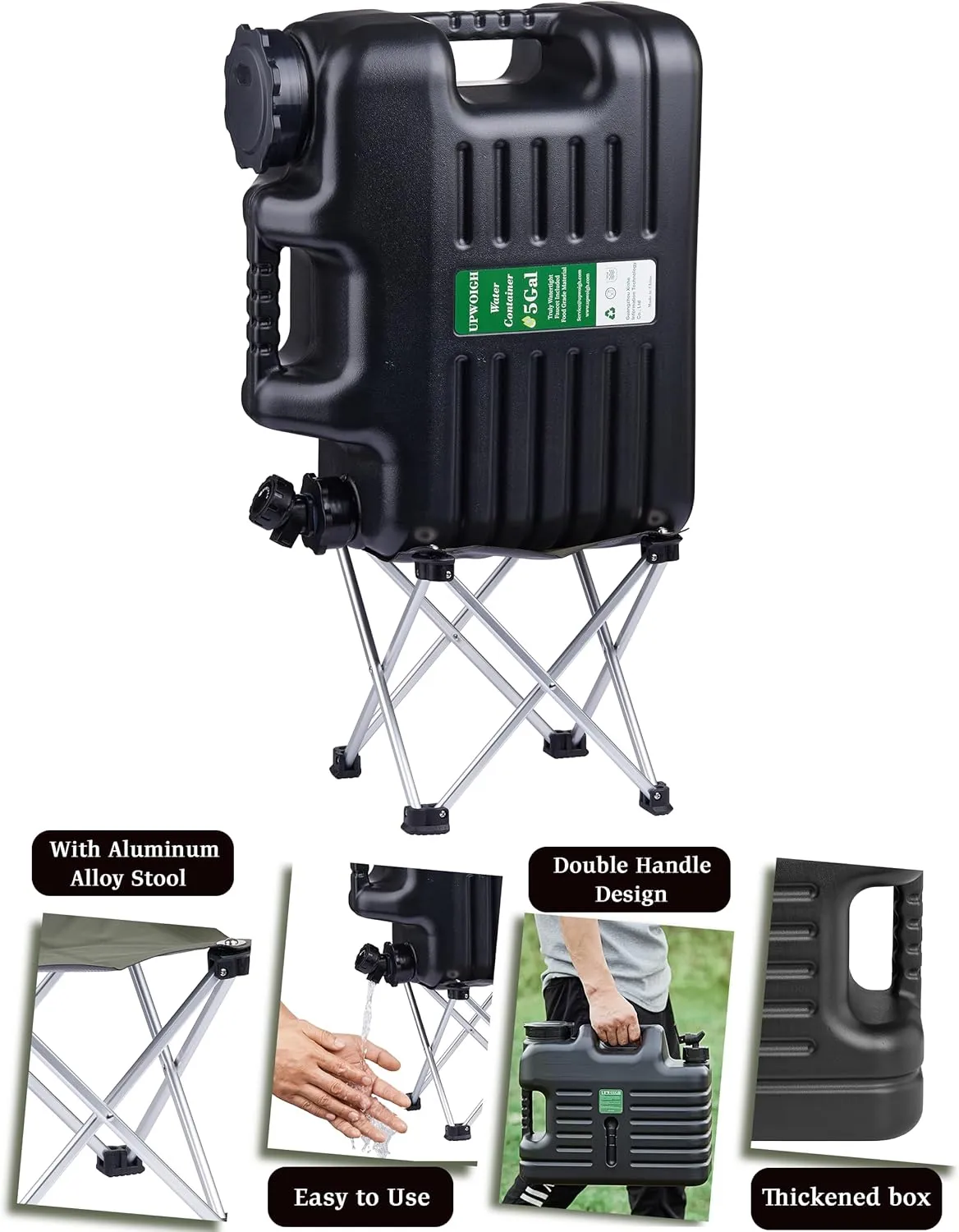 UPWOIGH 5 Gallon Water Jug with Spigot and Folding Stool – Leak-Proof, BPA-Free Portable Black Water Container with Stand, Large Outdoor Storage Tank for Camping, Hiking, RV, Travel, and Emergency Use