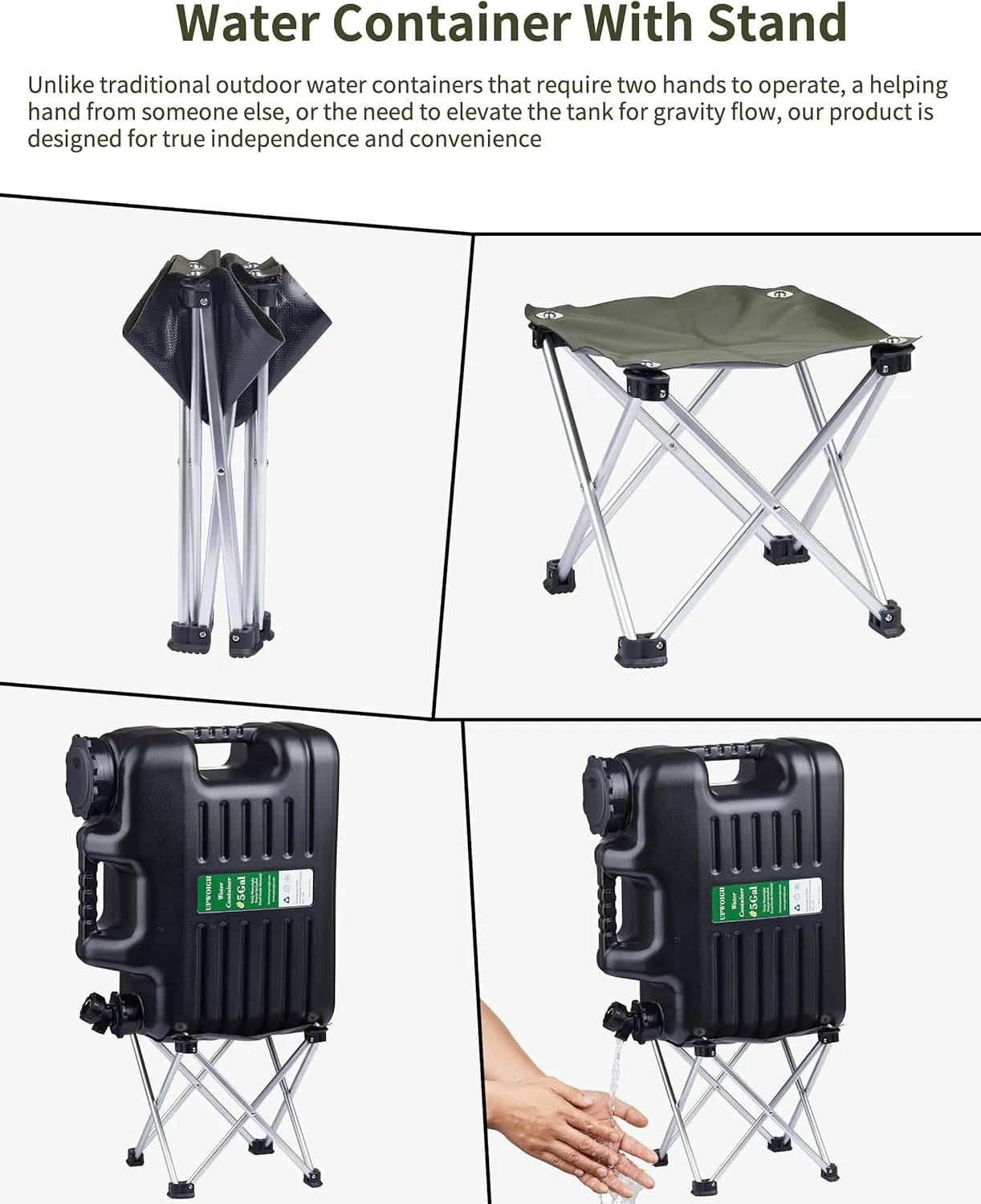 UPWOIGH 5 Gallon Water Jug with Spigot and Folding Stool – Leak-Proof, BPA-Free Portable Black Water Container with Stand, Large Outdoor Storage Tank for Camping, Hiking, RV, Travel, and Emergency Use