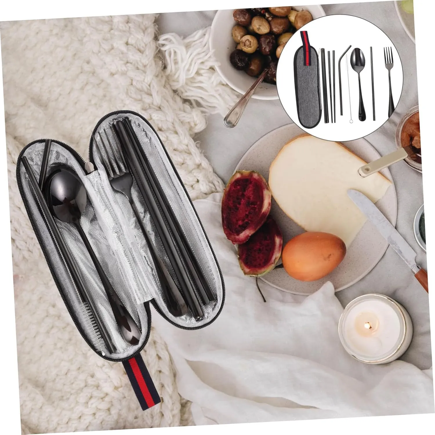 VANZACK 2 Sets Outdoor Travel Tableware and Fork Set Lunch Box Utensils Set Camping Silverware Straw Cleaning Brush Salad Fork Stainless Steel Chopsticks Chopstick Kit Tableware Set