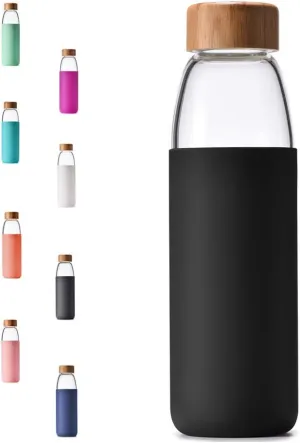 veegoal 18 Oz Borosilicate Glass Water Bottles with Bamboo Lid, BPA-FREE, Non-Slip Silicone Sleeve, and Stainless Steel Leak Proof Lid - Reusable Glass Bottle for Men and Women