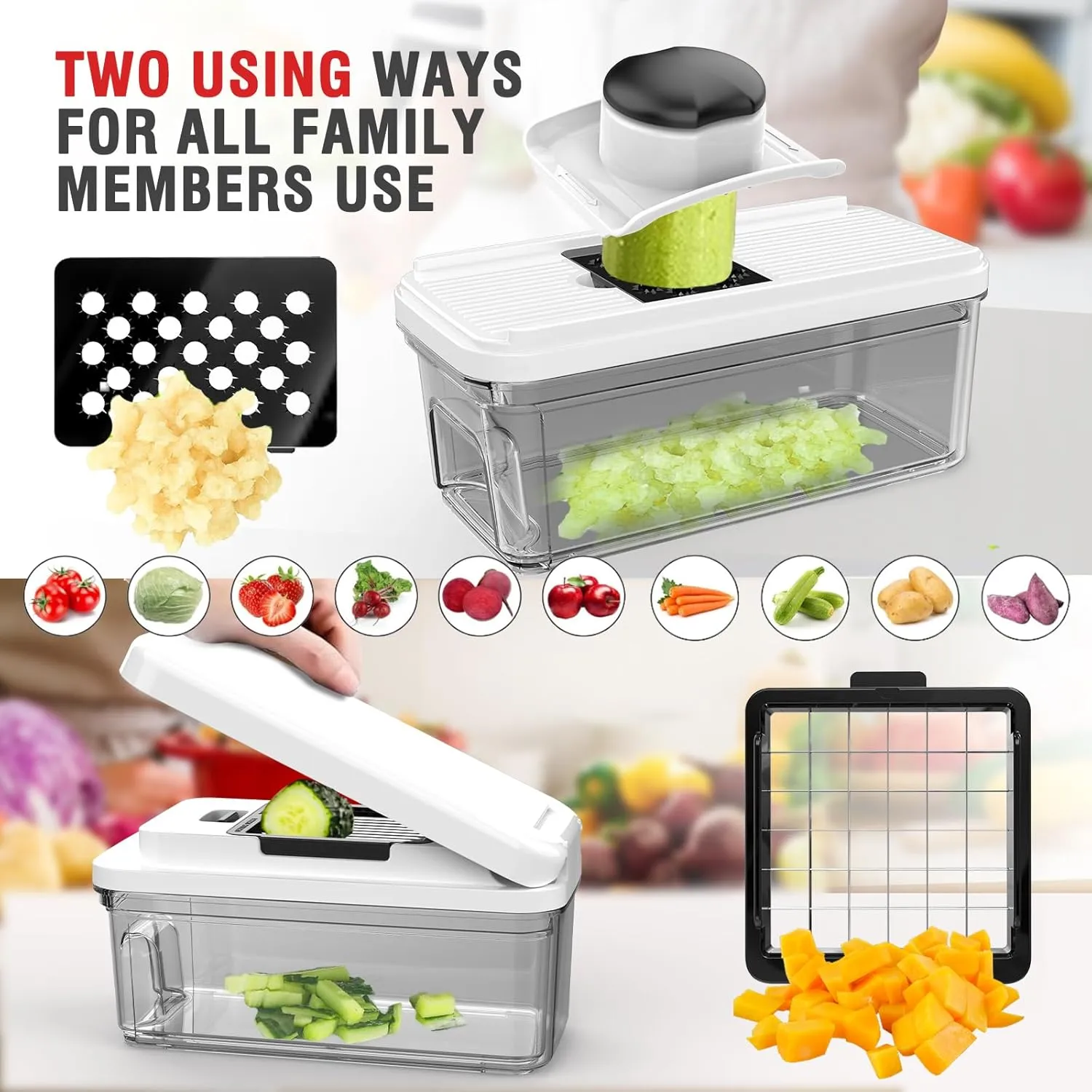 Vegetable Chopper: 10 in 1 Food Chopper - Onion Vegetable Slicer Cutter Dicer, Veggie Cutter with Container, 7 Blades, Kitchen Gadgets for Carrot Salad Garlic Potato Slicer
