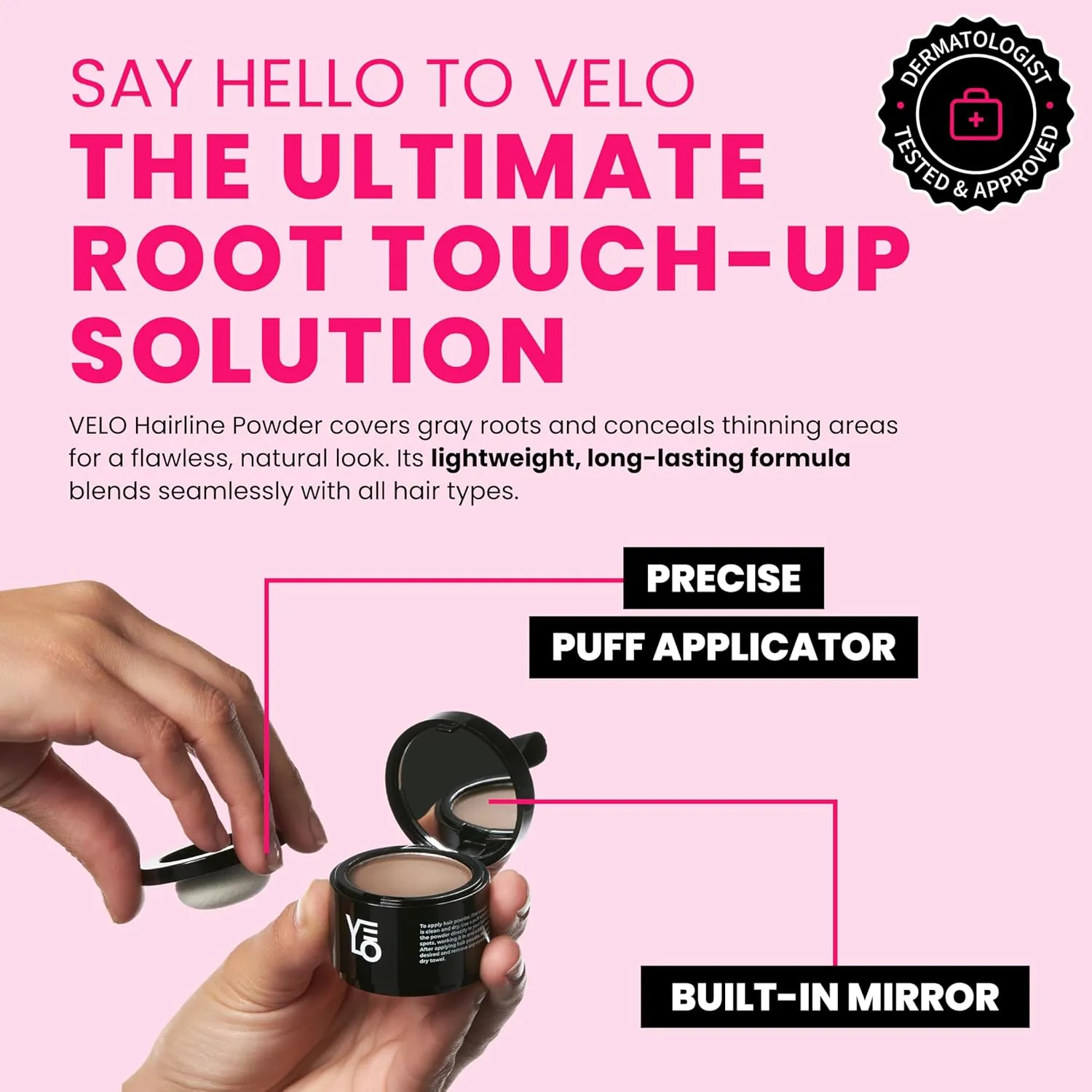 VELO Hairline Powder–BROWN Hair Root Touch Up Powder for Women & Men–Instantly Covers Gray Hair, Thinning Hair & Bald Spots–Sweatproof Root Cover Up–Puff & Mirror Compact, 13 Shades