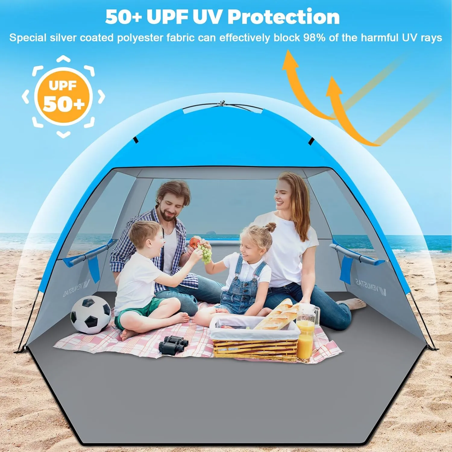 Venustas Beach Tent Sun Shelter for 3-10 Person, UPF 50  UV Protection Canopy, Lightweight and Easy Setup Cabana, Portable Beach Shade