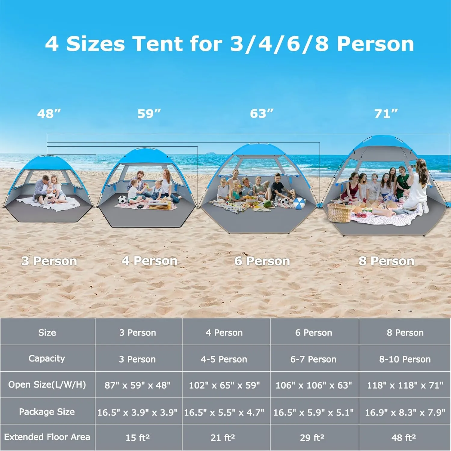 Venustas Beach Tent Sun Shelter for 3-10 Person, UPF 50  UV Protection Canopy, Lightweight and Easy Setup Cabana, Portable Beach Shade