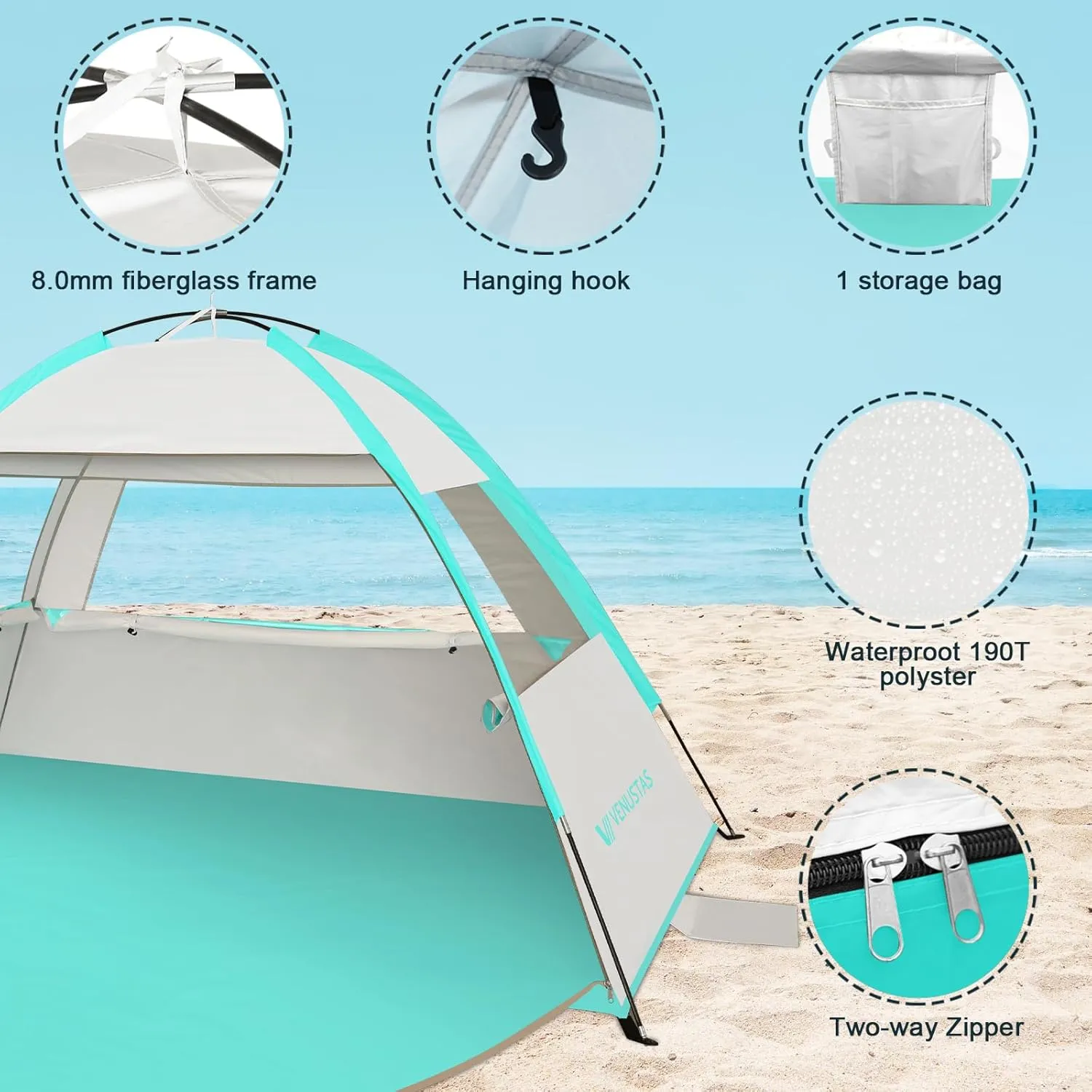 Venustas Beach Tent Sun Shelter for 3-10 Person, UPF 50  UV Protection Canopy, Lightweight and Easy Setup Cabana, Portable Beach Shade