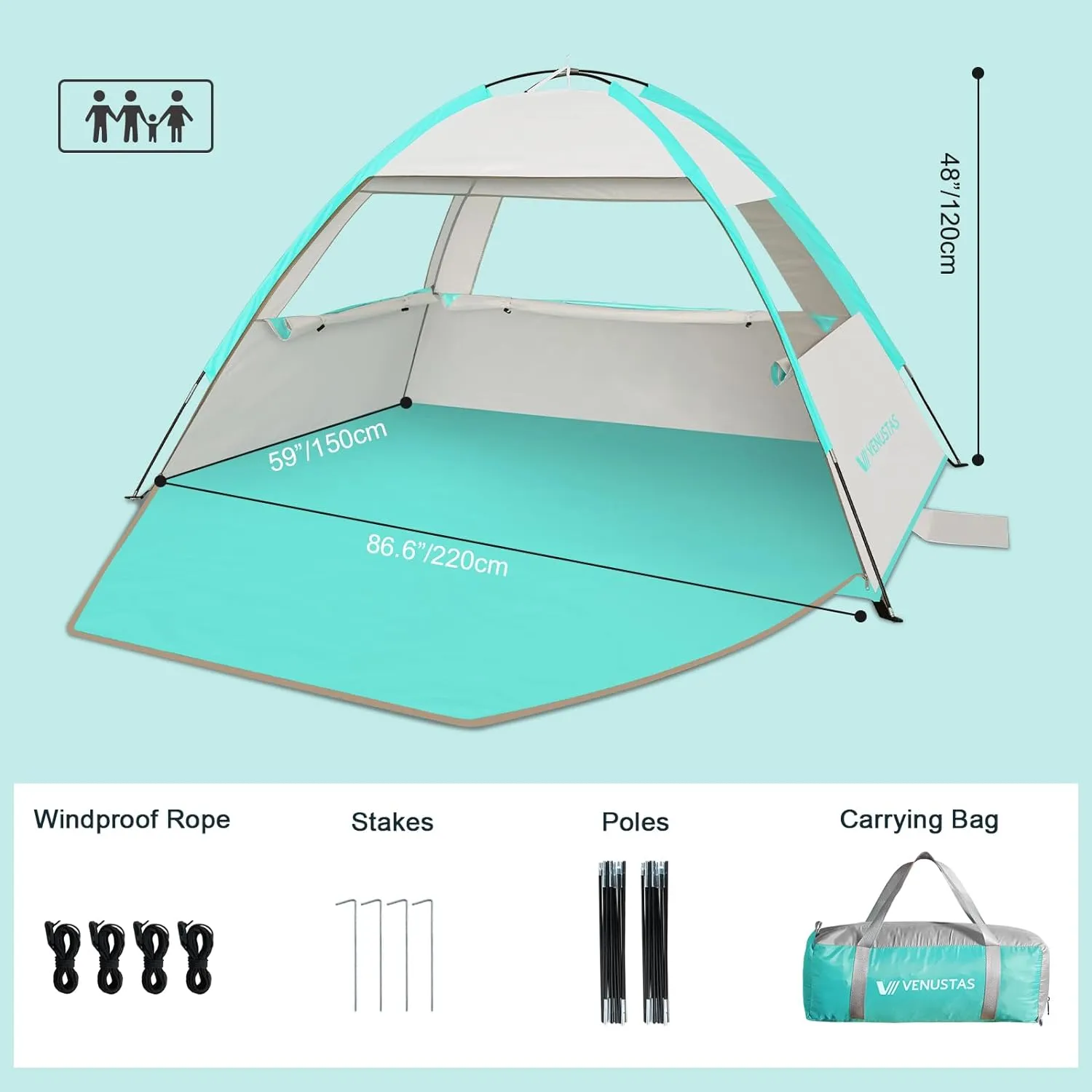 Venustas Beach Tent Sun Shelter for 3-10 Person, UPF 50  UV Protection Canopy, Lightweight and Easy Setup Cabana, Portable Beach Shade