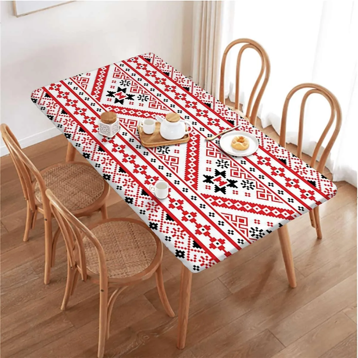 Vermilion Black White Rectangle Tables Decor Old Fashioned Cultural Motifs Picnic Fitted Tablecloth Rectangle Table Cover Art Fits up 5 Foot Tables