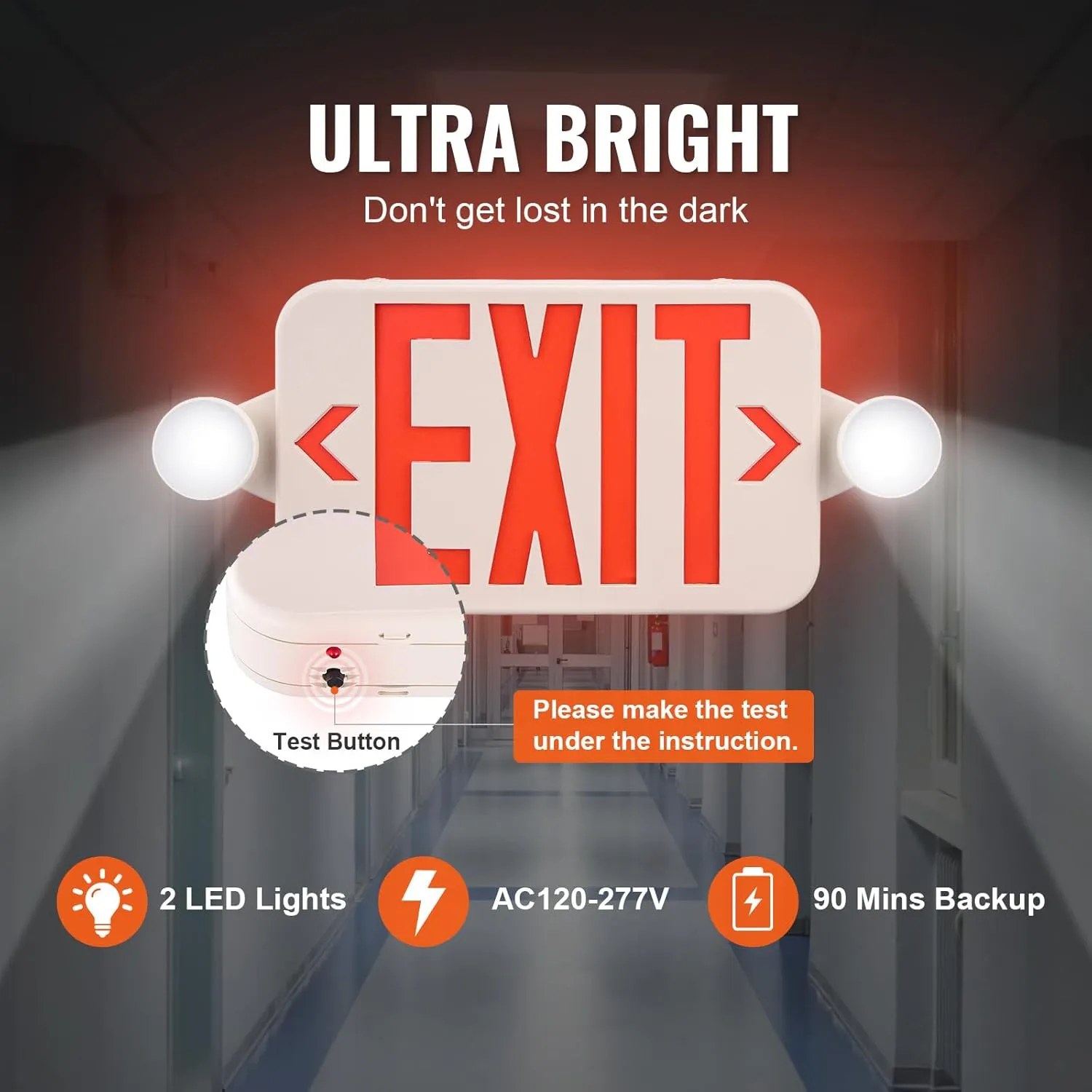 VEVOR LED Exit Sign with Emergency Lights, Two LED Adjustable Heads Emergency Exit Light with Battery Backup, Combo Red Letter Fire Exit Lighting, Commercial Exit Signs Tested to Standards