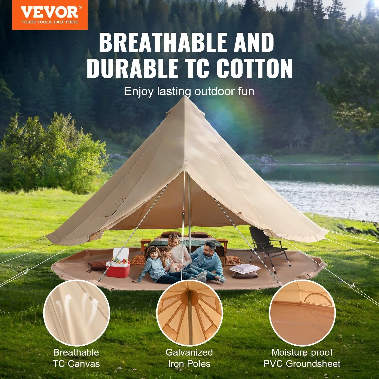 VEVOR Privacy-protected Large Stove Family Wall Detachable Yurt Waterproof with Canvas Tent Camping, Fairly priced Side Person 23'x23'x137"(Diameter Breathable 7M) Tent, 12 for and Jack Glamping Bell