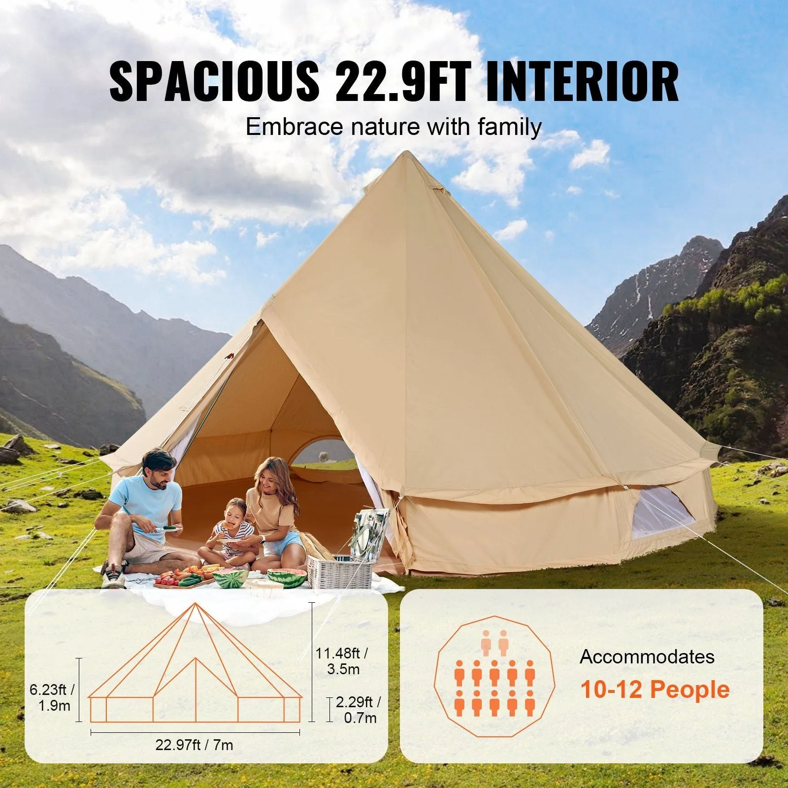 VEVOR Privacy-protected Large Stove Family Wall Detachable Yurt Waterproof with Canvas Tent Camping, Fairly priced Side Person 23'x23'x137"(Diameter Breathable 7M) Tent, 12 for and Jack Glamping Bell