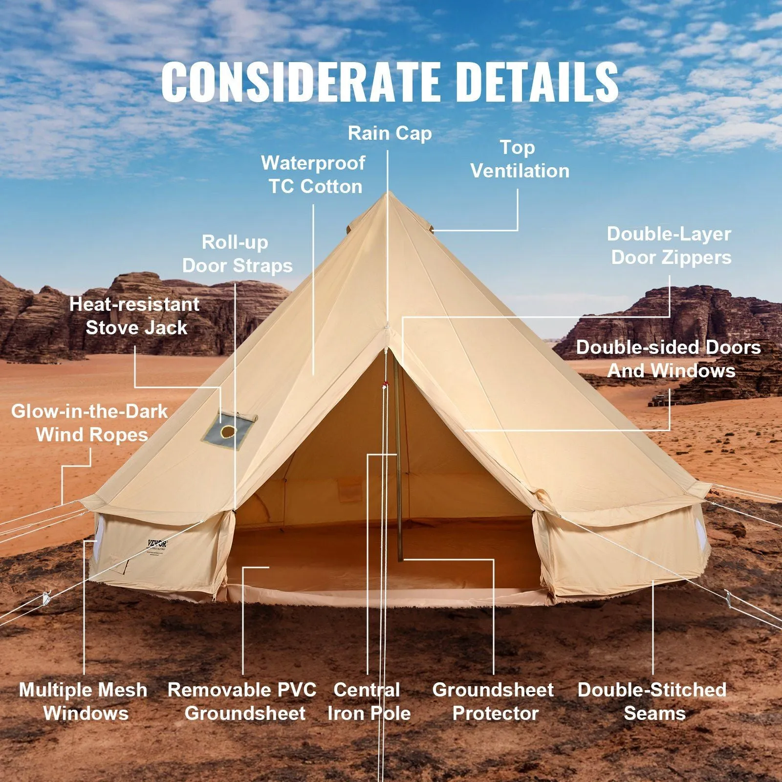 VEVOR Privacy-protected Large Stove Family Wall Detachable Yurt Waterproof with Canvas Tent Camping, Fairly priced Side Person 23'x23'x137"(Diameter Breathable 7M) Tent, 12 for and Jack Glamping Bell