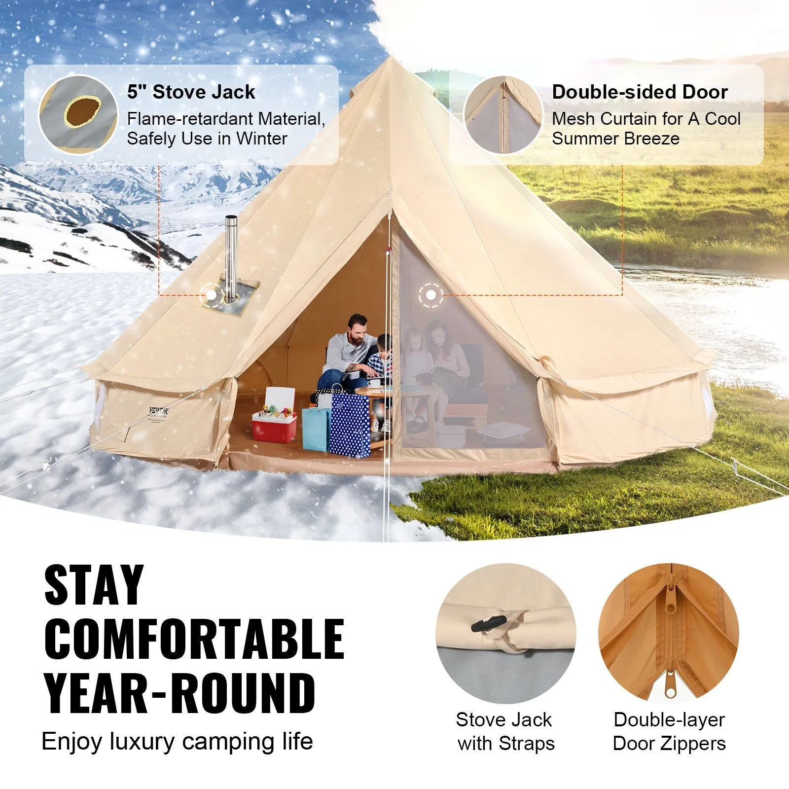 VEVOR Privacy-protected Large Stove Family Wall Detachable Yurt Waterproof with Canvas Tent Camping, Fairly priced Side Person 23'x23'x137"(Diameter Breathable 7M) Tent, 12 for and Jack Glamping Bell