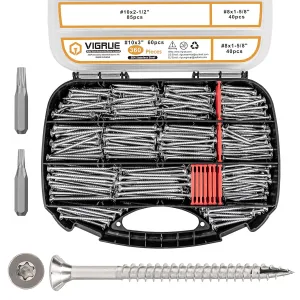 VIGRUE 360PCS Deck Screws Torx Wood Screws #8 x 1-5/8" #10 x 1-1/2" and 2" Stainless Steel Rust Resistant Outdoor Decking Screws Torx Drive Head Deck Screw with T20 and T25 Star Bit