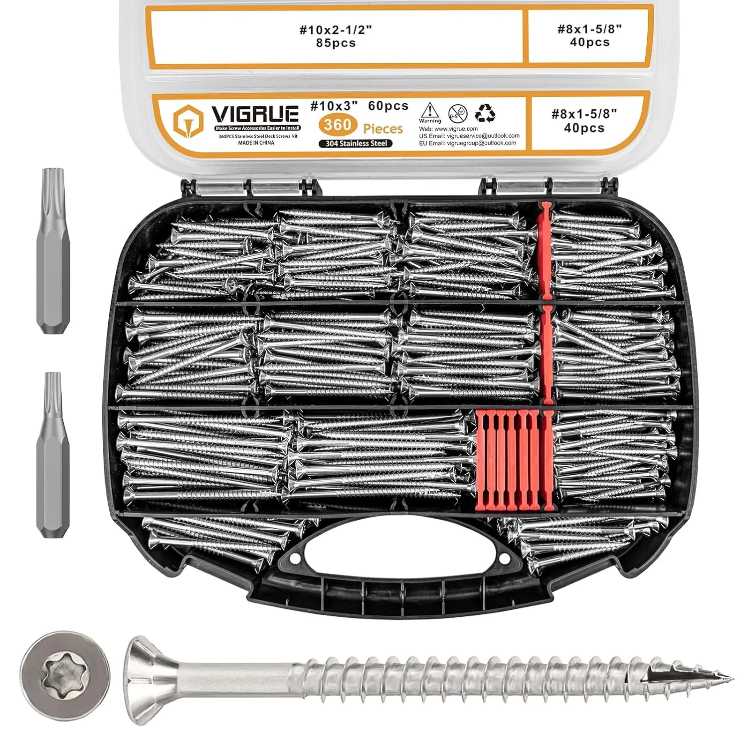VIGRUE 360PCS Deck Screws Torx Wood Screws #8 x 1-5/8" #10 x 1-1/2" and 2" Stainless Steel Rust Resistant Outdoor Decking Screws Torx Drive Head Deck Screw with T20 and T25 Star Bit