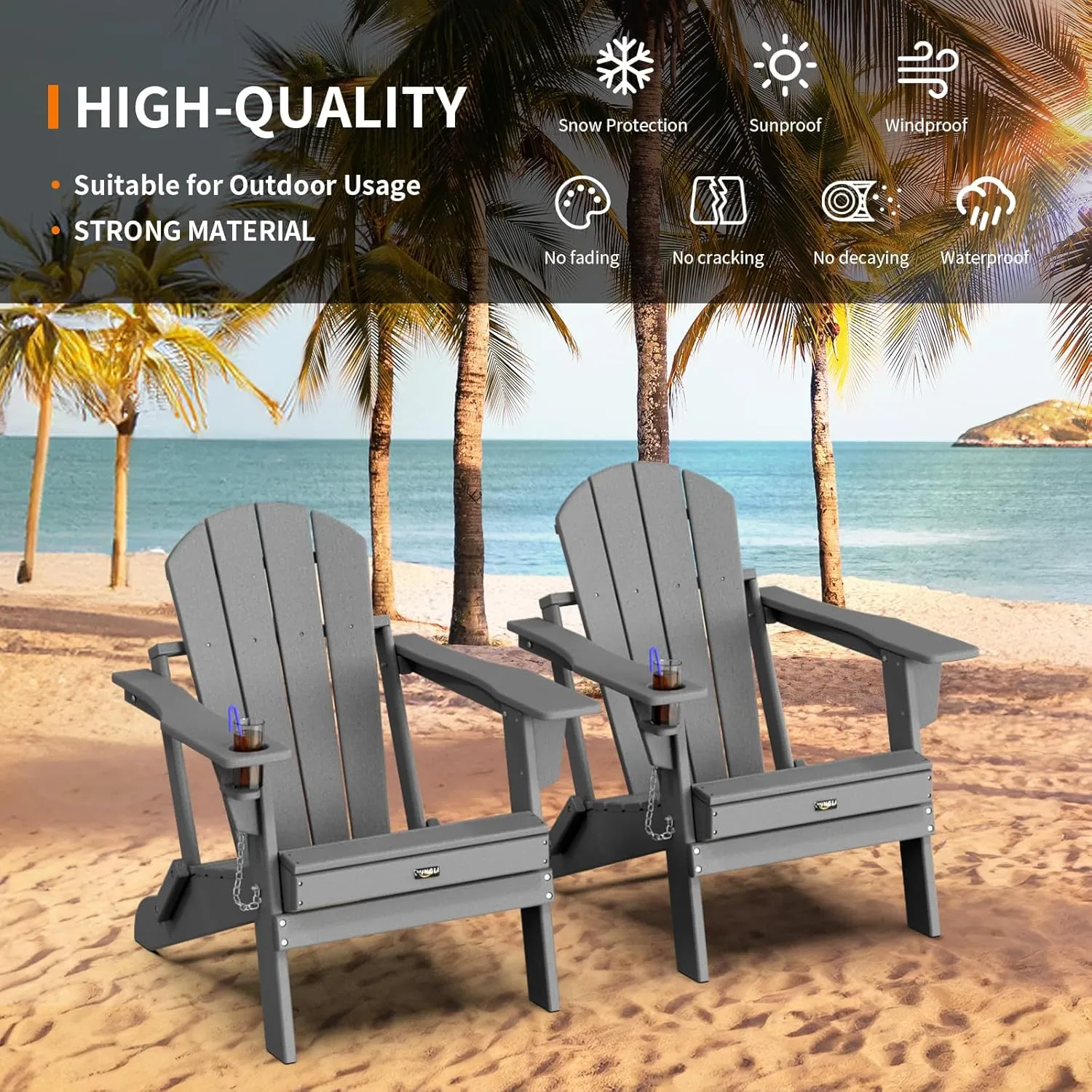 VINGLI Plastic Adirondack Chairs, Folding with Cup Holder, Waterproof HDPE Material, Comfortable 380lb Weight Capacity for Outdoor Pool Patio Lounge Chair Lawn Furniture Firepit (Gray)