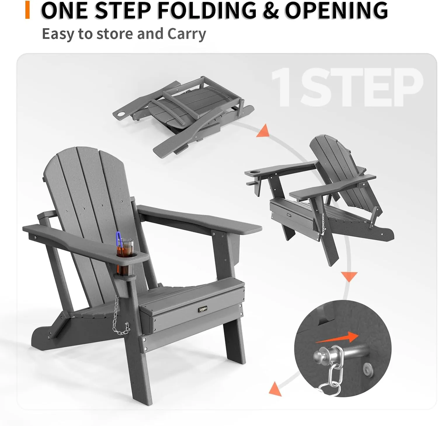 VINGLI Plastic Adirondack Chairs, Folding with Cup Holder, Waterproof HDPE Material, Comfortable 380lb Weight Capacity for Outdoor Pool Patio Lounge Chair Lawn Furniture Firepit (Gray)
