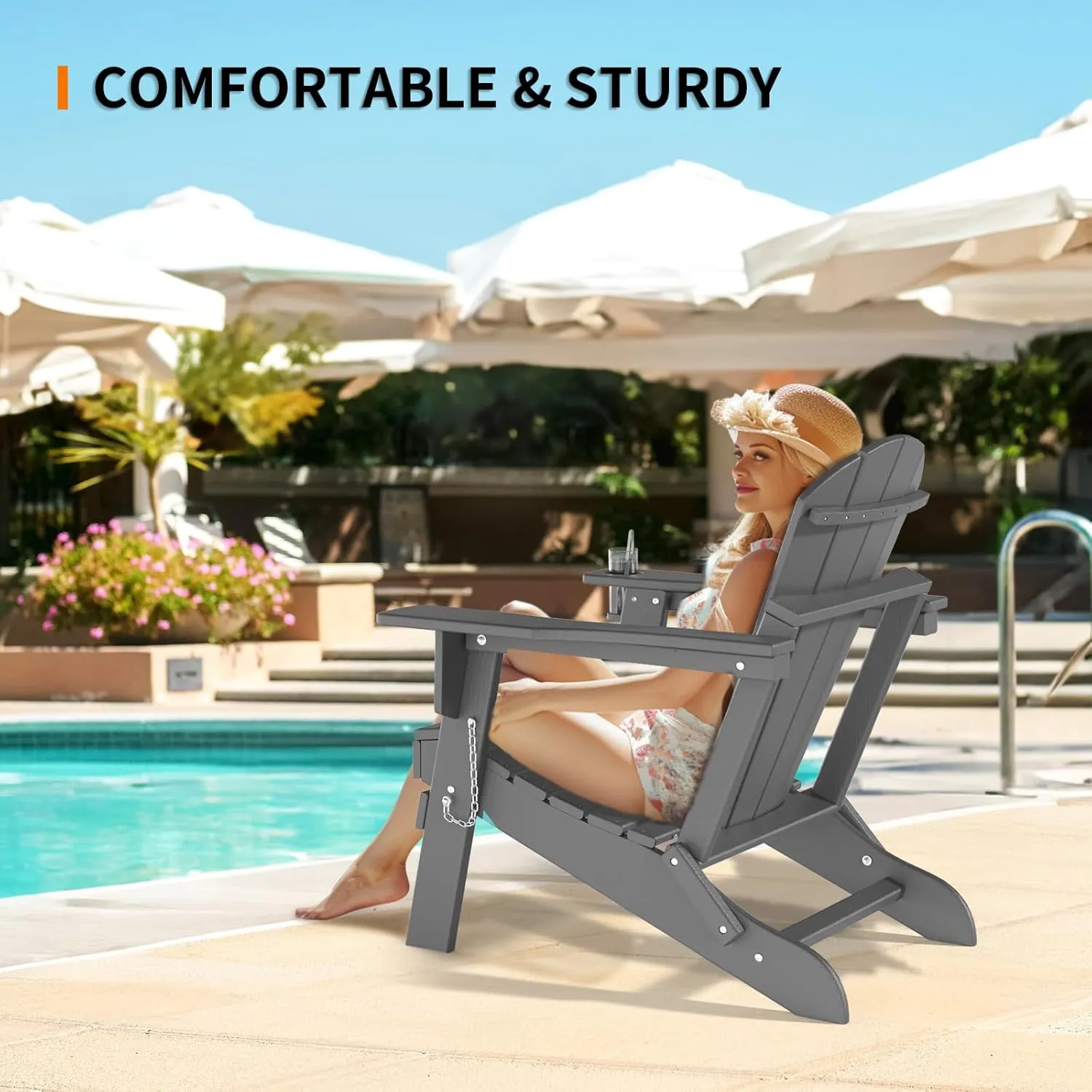 VINGLI Plastic Adirondack Chairs, Folding with Cup Holder, Waterproof HDPE Material, Comfortable 380lb Weight Capacity for Outdoor Pool Patio Lounge Chair Lawn Furniture Firepit (Gray)