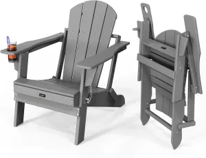 VINGLI Plastic Adirondack Chairs, Folding with Cup Holder, Waterproof HDPE Material, Comfortable 380lb Weight Capacity for Outdoor Pool Patio Lounge Chair Lawn Furniture Firepit (Gray)