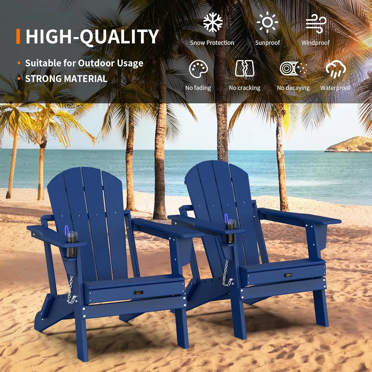 VINGLI Plastic Adirondack Chairs, Folding with Cup Holder, Waterproof HDPE Material, Comfortable 380lb Weight Capacity for Outdoor Pool Patio Lounge Chair Lawn Furniture Firepit (Navy Blue)