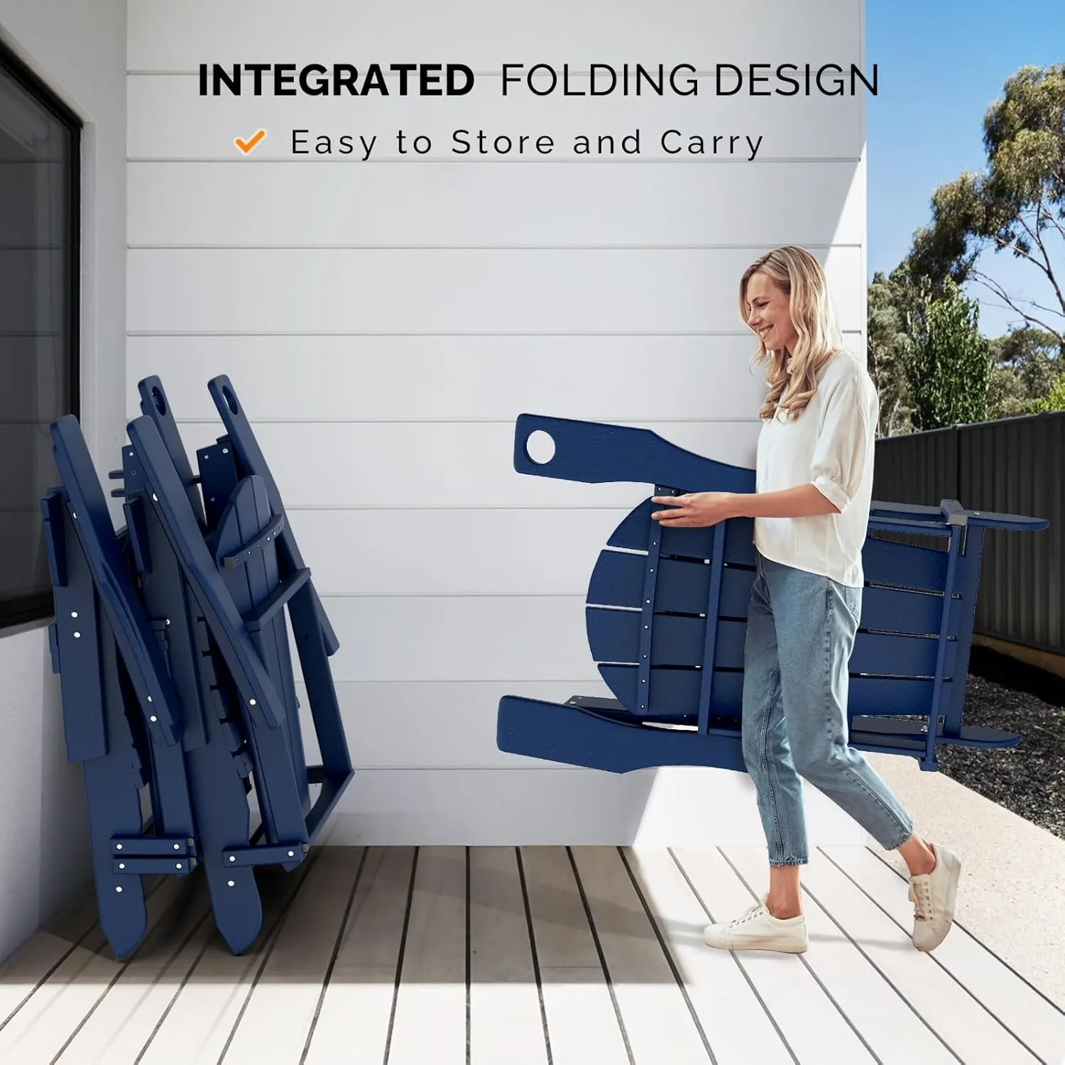 VINGLI Plastic Adirondack Chairs, Folding with Cup Holder, Waterproof HDPE Material, Comfortable 380lb Weight Capacity for Outdoor Pool Patio Lounge Chair Lawn Furniture Firepit (Navy Blue)