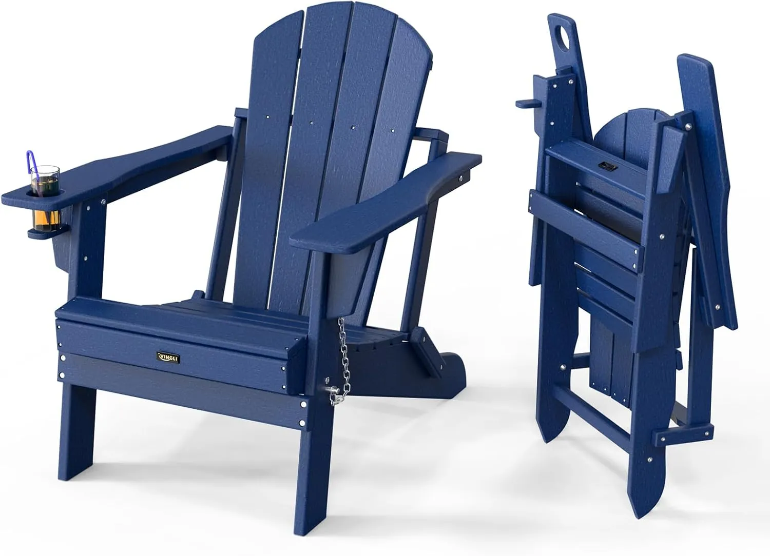 VINGLI Plastic Adirondack Chairs, Folding with Cup Holder, Waterproof HDPE Material, Comfortable 380lb Weight Capacity for Outdoor Pool Patio Lounge Chair Lawn Furniture Firepit (Navy Blue)