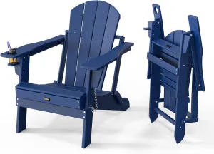 VINGLI Plastic Adirondack Chairs, Folding with Cup Holder, Waterproof HDPE Material, Comfortable 380lb Weight Capacity for Outdoor Pool Patio Lounge Chair Lawn Furniture Firepit (Navy Blue)
