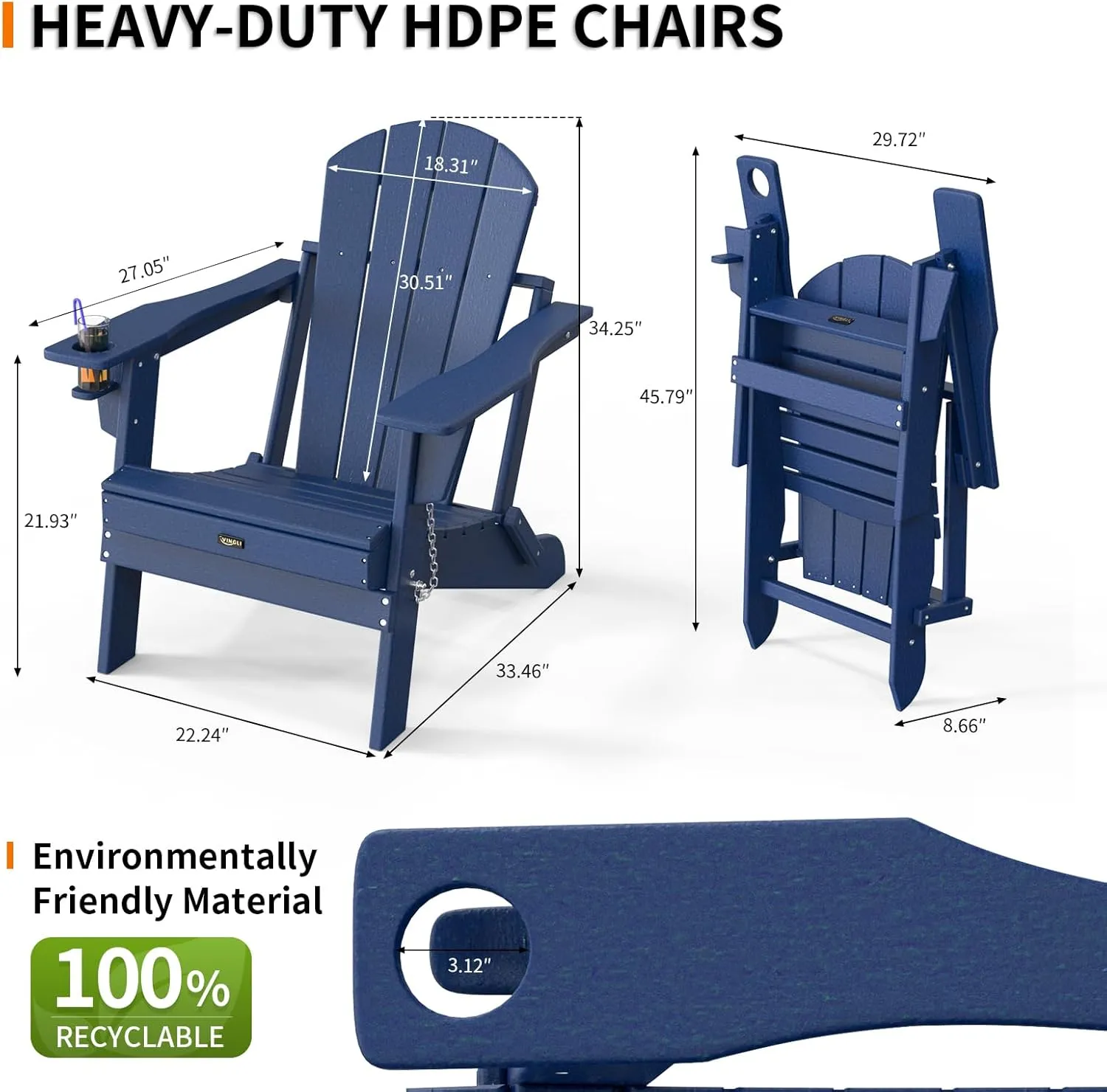 VINGLI Plastic Adirondack Chairs, Folding with Cup Holder, Waterproof HDPE Material, Comfortable 380lb Weight Capacity for Outdoor Pool Patio Lounge Chair Lawn Furniture Firepit (Navy Blue)