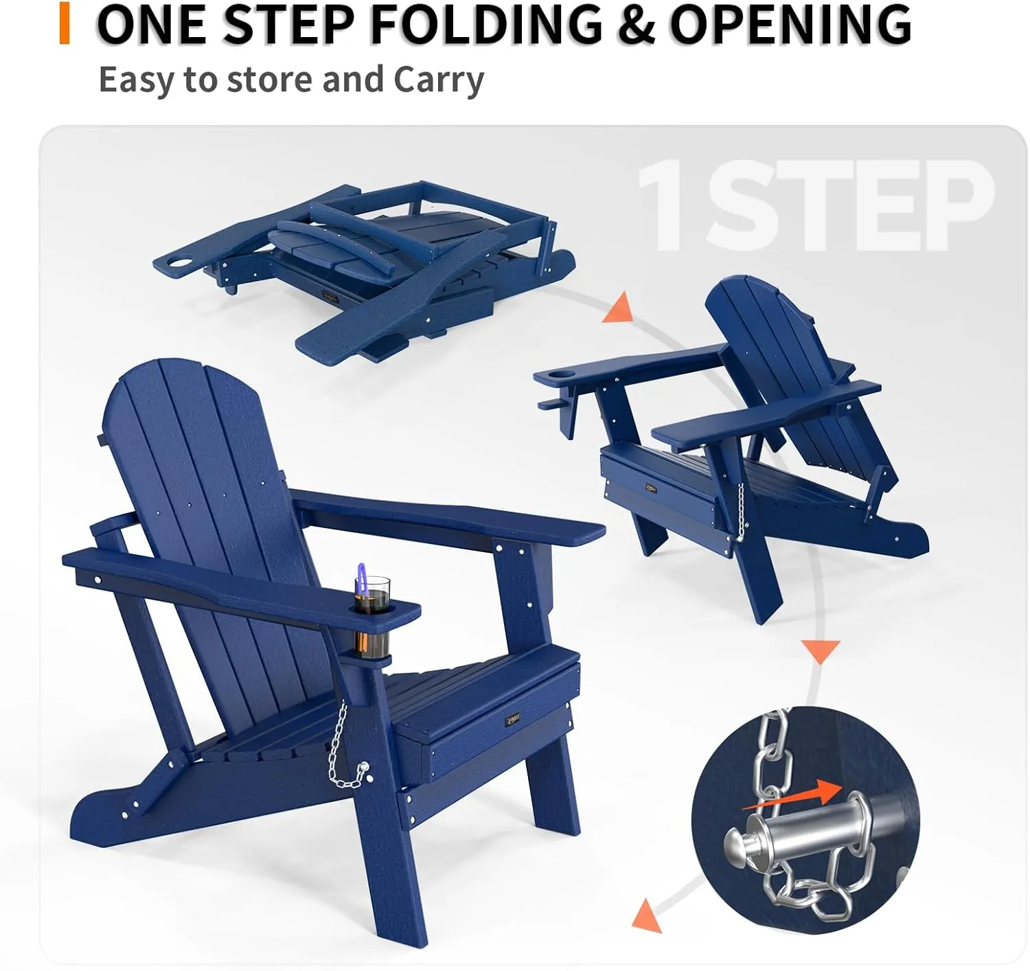 VINGLI Plastic Adirondack Chairs, Folding with Cup Holder, Waterproof HDPE Material, Comfortable 380lb Weight Capacity for Outdoor Pool Patio Lounge Chair Lawn Furniture Firepit (Navy Blue)