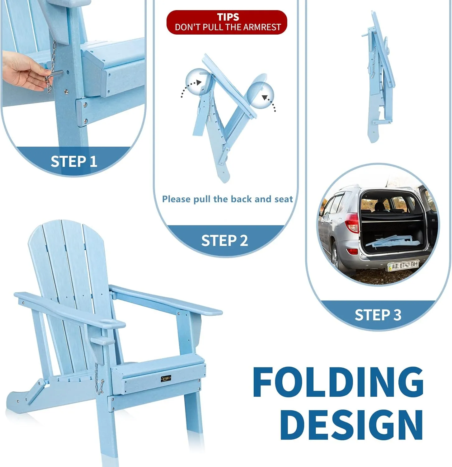 VINGLI Plastic Folding Adirondack Chair with Cup Holder, 100% Recyclable Waterproof HDPE Material, Comfortable 380lb Weight Capacity for Outdoor Pool Patio Lounge Chair Lawn Furniture Firepit (Blue)