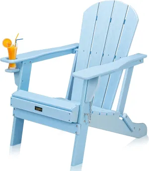VINGLI Plastic Folding Adirondack Chair with Cup Holder, 100% Recyclable Waterproof HDPE Material, Comfortable 380lb Weight Capacity for Outdoor Pool Patio Lounge Chair Lawn Furniture Firepit (Blue)