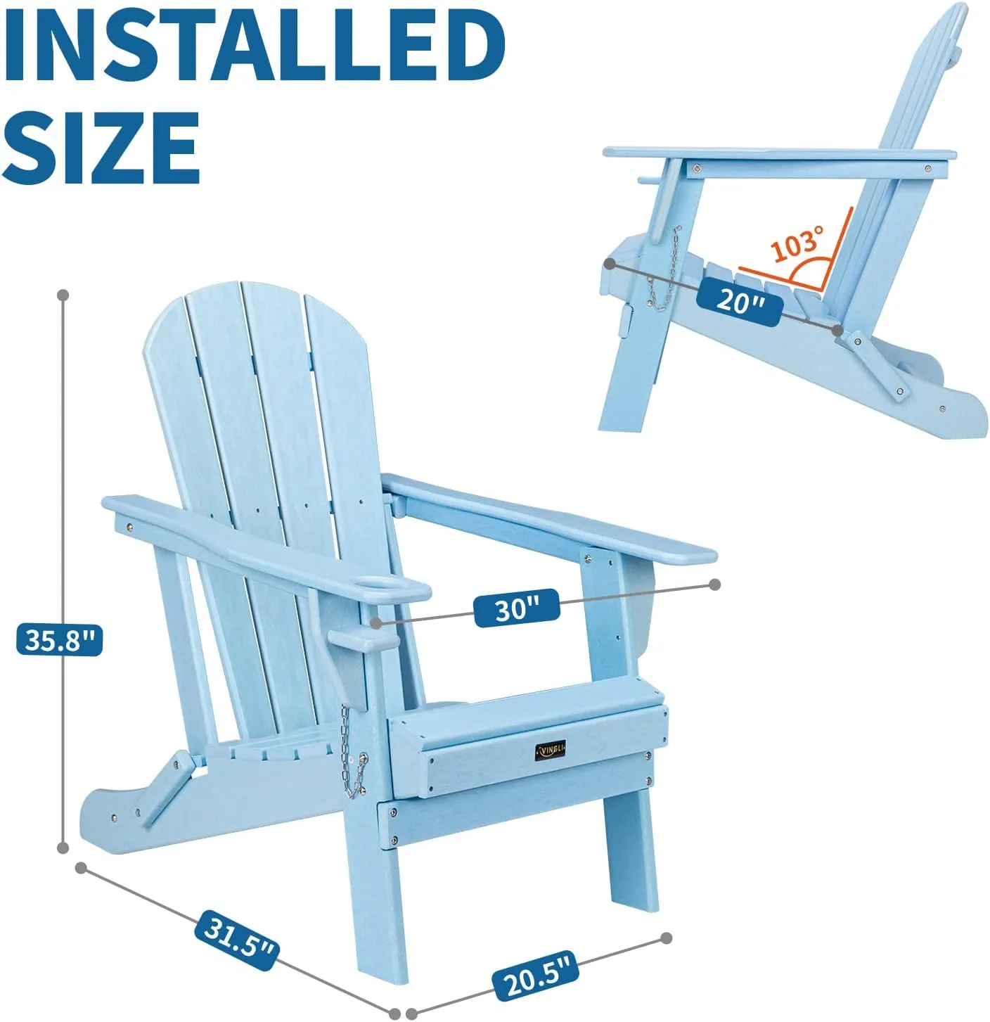 VINGLI Plastic Folding Adirondack Chair with Cup Holder, 100% Recyclable Waterproof HDPE Material, Comfortable 380lb Weight Capacity for Outdoor Pool Patio Lounge Chair Lawn Furniture Firepit (Blue)