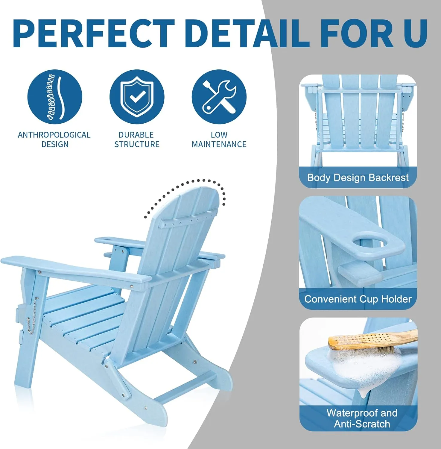 VINGLI Plastic Folding Adirondack Chair with Cup Holder, 100% Recyclable Waterproof HDPE Material, Comfortable 380lb Weight Capacity for Outdoor Pool Patio Lounge Chair Lawn Furniture Firepit (Blue)