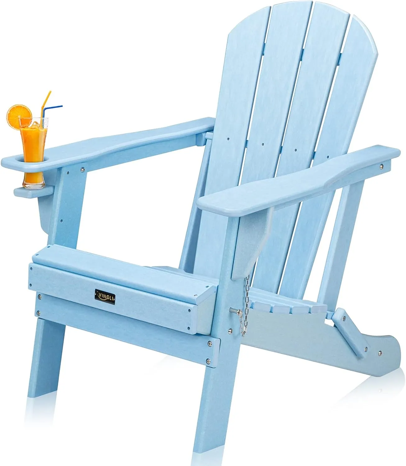 VINGLI Plastic Folding Adirondack Chair with Cup Holder, 100% Recyclable Waterproof HDPE Material, Comfortable 380lb Weight Capacity for Outdoor Pool Patio Lounge Chair Lawn Furniture Firepit (Blue)