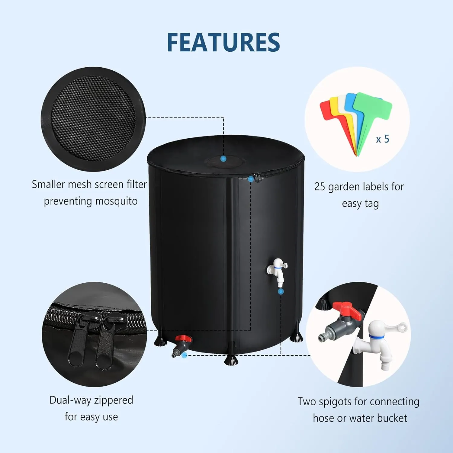 VINGLI Upgraded 50 Gallon Collapsible Rain Barrel, Portable Water Storage Rain Water Collection System, Weather Proof Sturdy Water Tank Water Catcher Container with Filter Spigot Overflow Kit
