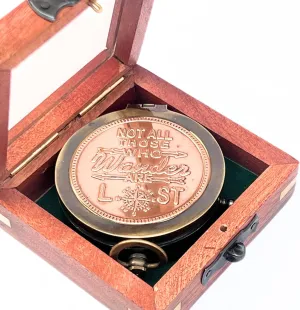 Vintage Brass Magnetic Compass with Wood Glass Box Antique Nautical Engraved Marine Replica for Hiking Camping Decor and Collectors