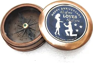 Vintage Brass Pocket Compass with Leather Case, Engraved, for Navigation, Hiking, Camping by Royal Replica