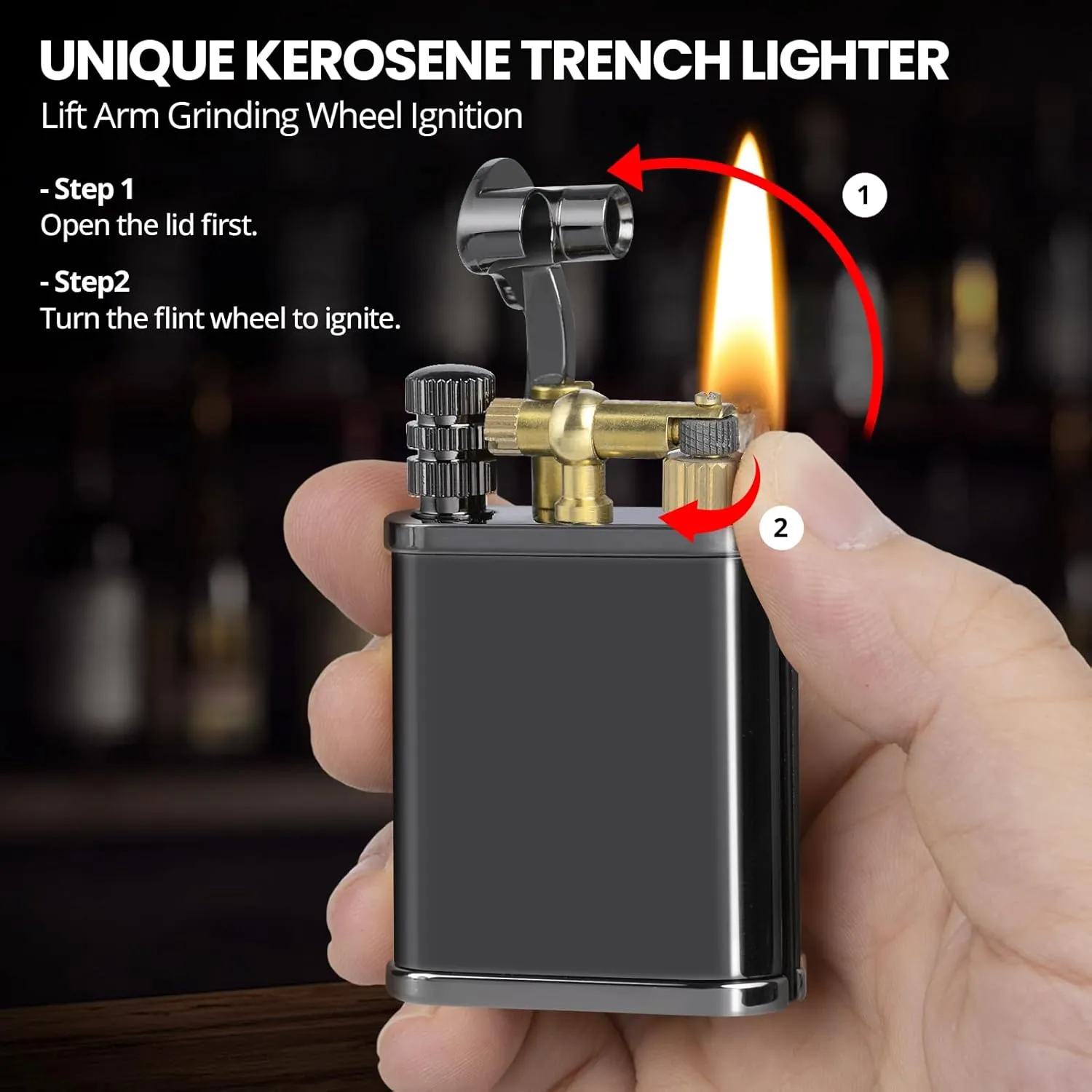 Vintage Trench Lighter, Permanent Match, Cool Pipe Lighter, Unique Brass Lighters, Antique Kerosene Lighters Fluid Refillable, Reusable Waterproof Forever Matches, Classic Gift for Men,Black