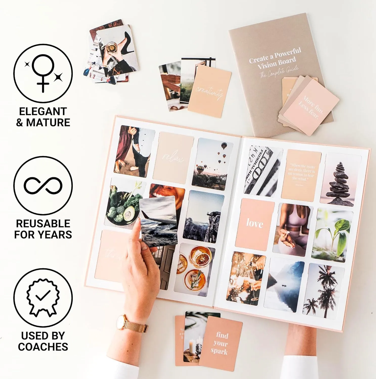 Vision Board Kit for Women - 168 Cards with Premium Pictures & Quotes, Foldable Board & Guide Book | Complete Manifestation Clip Art Craft Supplies for Adults | Original Dream Plan Do All-in-One Kit