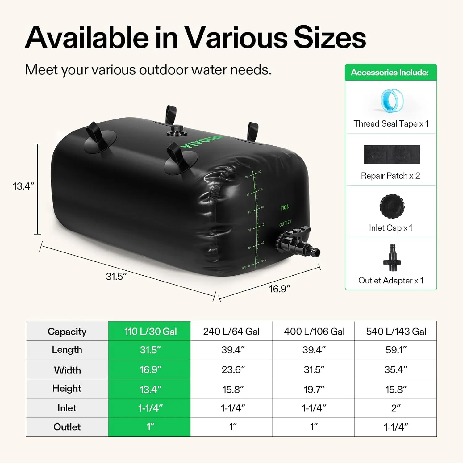 VIVOSUN 110 L/30 Gal Water Bladder, Foldable and Portable Water Storage Bag for RV, Camping, Garden Watering, Agricultural Irrigation, Drought Resistance, Firefighting